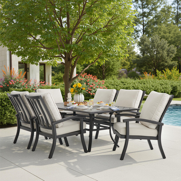 Fairmont Rustic Bronze Aluminum with Cushions 7 Piece Dining Set + 82 x 41 in. Table