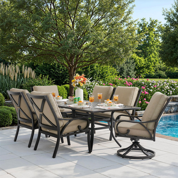 Key West Rustic Bronze Aluminum with Cushions 7 Piece Combo Dining Set + 82 x 41 in. Table