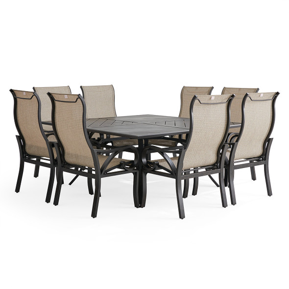 Key West Rustic Bronze Aluminum with Sling 9 Piece Dining Set + 66 in. Sq. Table