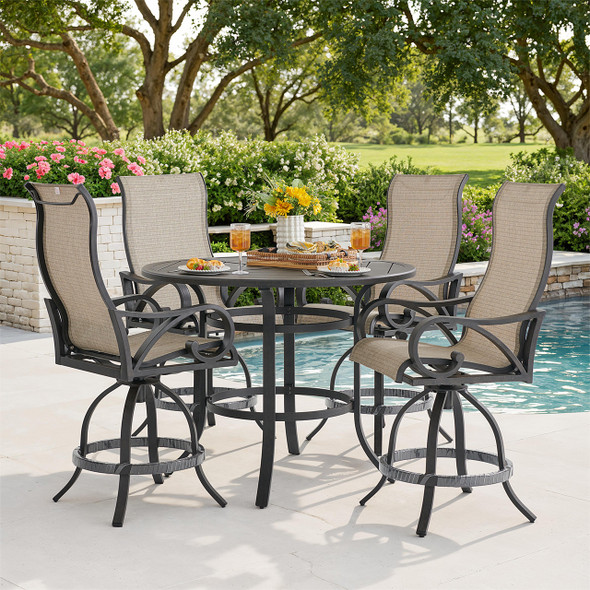 Key West Rustic Bronze Aluminum with Sling 5 Piece Swivel Gathering Set + 48 in. D Table