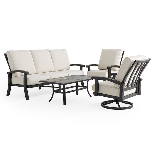 Fairmont Rustic Bronze Aluminum with Cushions 4 Piece Swivel Sofa Group + 48 x 26 in. Coffee Table