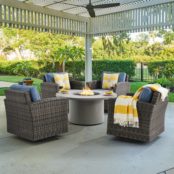 Venice Silver Oak Outdoor Wicker with Cushions 5 Piece Swivel Chat Set + 48 in. D Driftwood Sintered Fire Pit