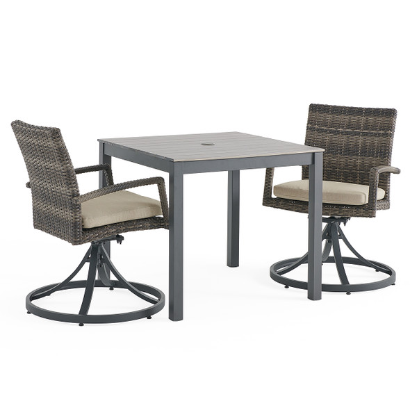 Sonoma Outdoor Wicker with Cushions 3 Piece Swivel Bistro Set + 33 in. Sq. Table