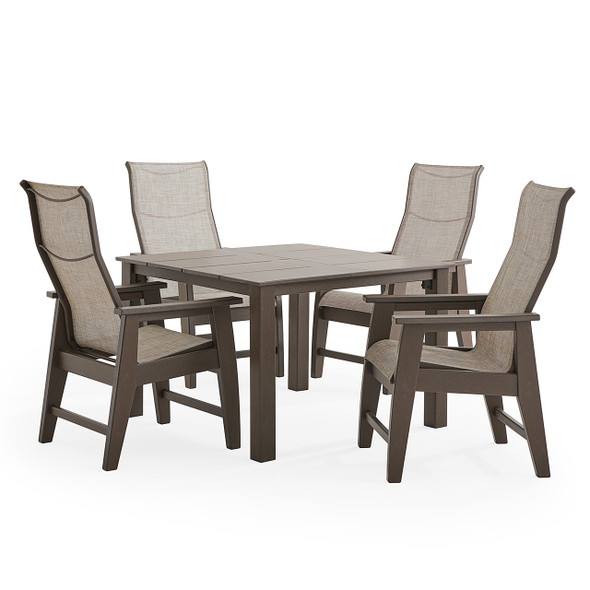 Savannah Mocha Polymer with Augustine Oyster Sling 5 Piece Dining Set + 44 in. Sq. Table