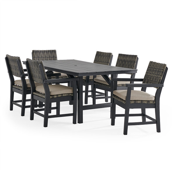 Nantucket Black Polymer and Wicker with Cushions 7 Piece Dining Set + 72 x 40 in. Dining Table