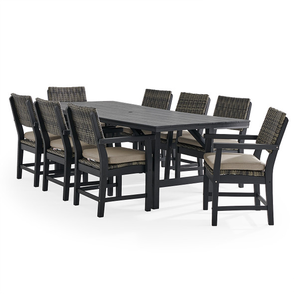 Nantucket Black Polymer and Wicker with Cushions 9 Piece Dining Set + 96 x 40 in. Dining Table