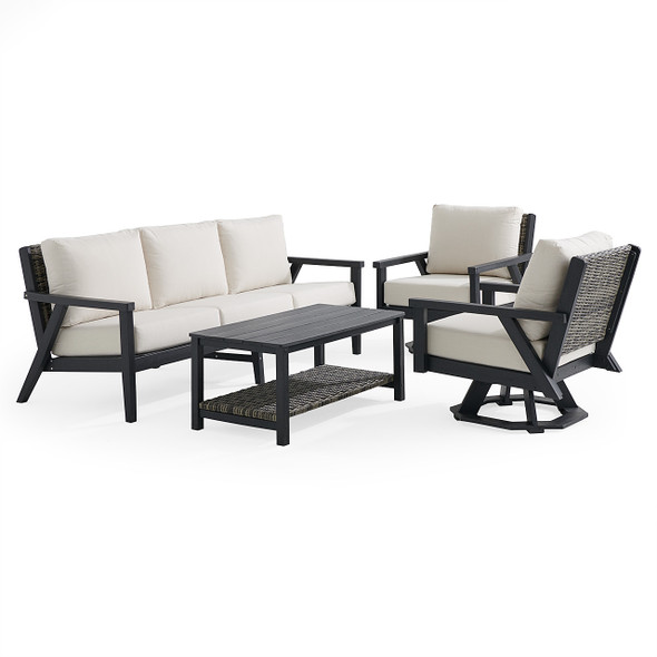 Nantucket Black Polymer and Wicker with Cushions 4 Piece Swivel Sofa Group + 42 x 24 in. Coffee Table