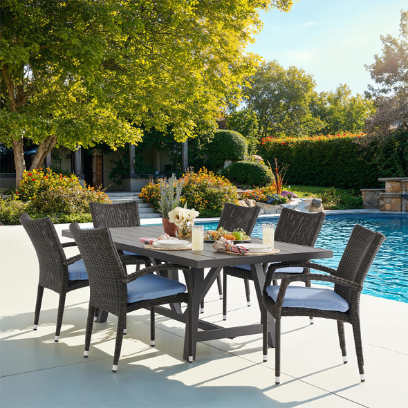 Fairmont Outdoor Wicker with Cushions 7 Piece Dining Set + 84 x 42 in. Dining Table