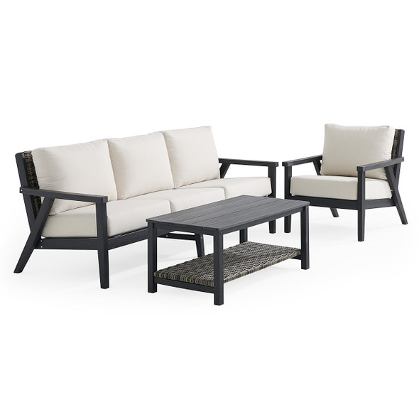 Nantucket Black Polymer and Wicker with Cushions 3 Piece Sofa Group + 42 x 24 in. Coffee Table