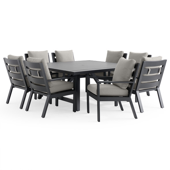Montecito Charcoal Aluminum with Cushions 9 Piece Dining Set + 66 in. Sq. Table