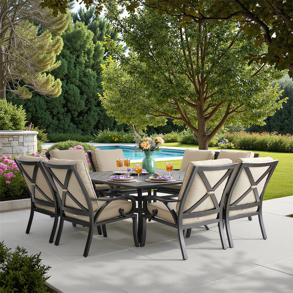 Key West Rustic Bronze Aluminum with Cushions 9 Piece Dining Set + 66 in. Sq. Table