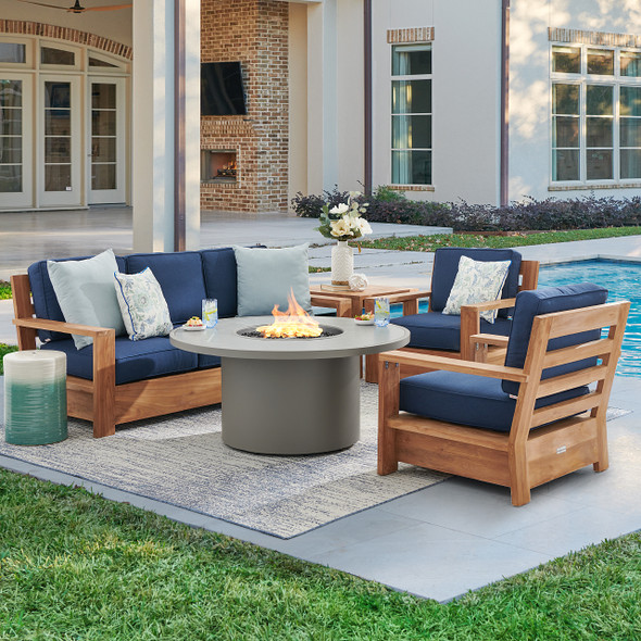 Castello Teak with Cushions 4 Piece Sofa Group + 48 in. D Sintered Fire Pit