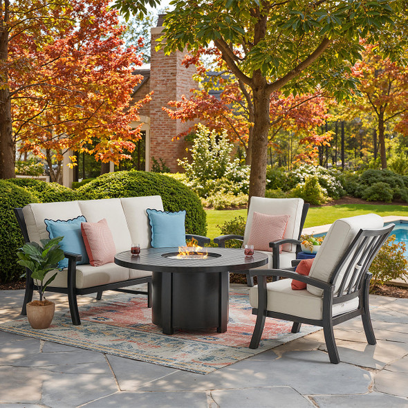 Fairmont Rustic Bronze Aluminum 4-Piece Outdoor Sofa Set with Cushions and Fire Pit, 54 in. Diameter
