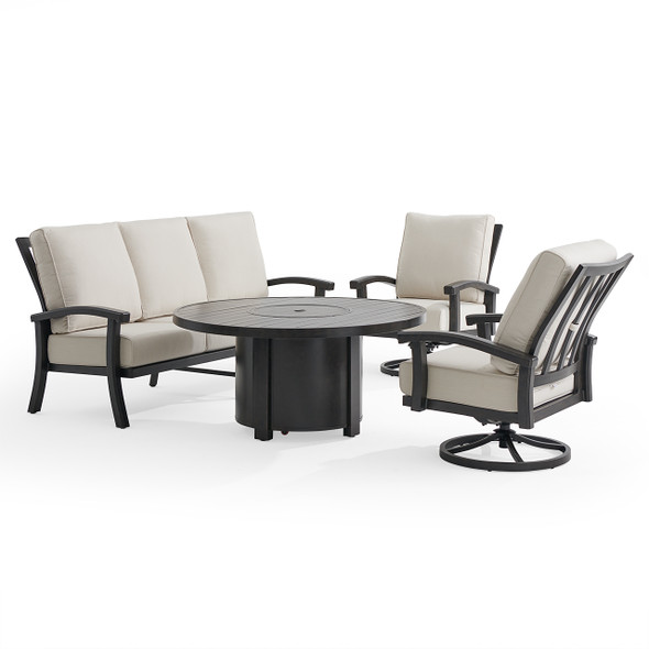 Fairmont Rustic Bronze Aluminum 4-Piece Outdoor Swivel Sofa Set with Cushions and Fire Pit Table, 54 in. Diameter