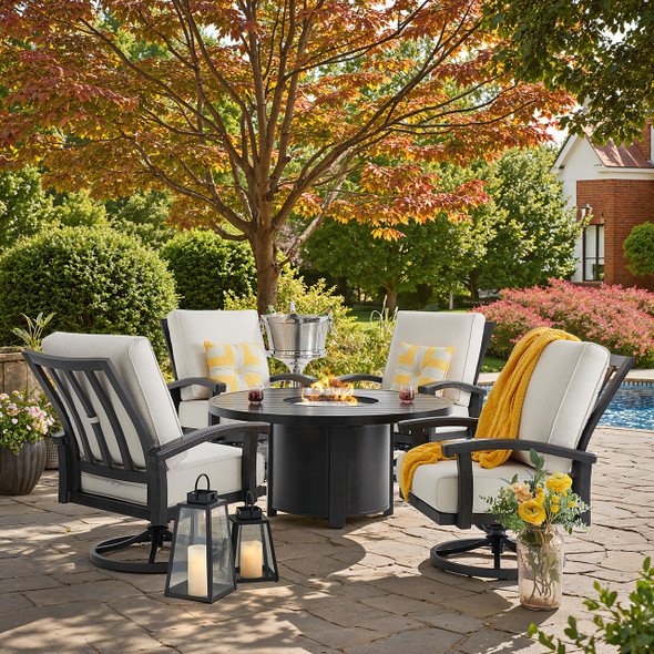 Fairmont Rustic Bronze Aluminum 5-Piece Outdoor Swivel Rocker Chat Set with Cushions and Fire Pit Table, 54 in Diameter
