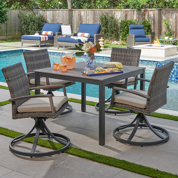 Sonoma Outdoor Wicker with Cushions 5 Piece Swivel Dining Set + 40 in. Sq. Table