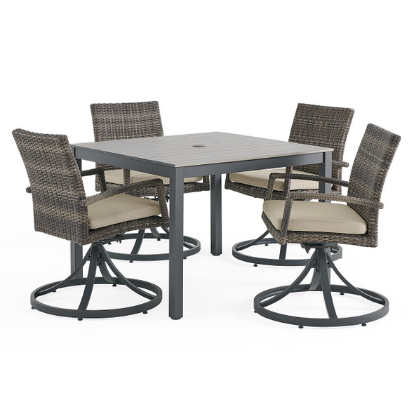 Sonoma Outdoor Wicker with Cushions 5 Piece Swivel Dining Set + 40 in. Sq. Table
