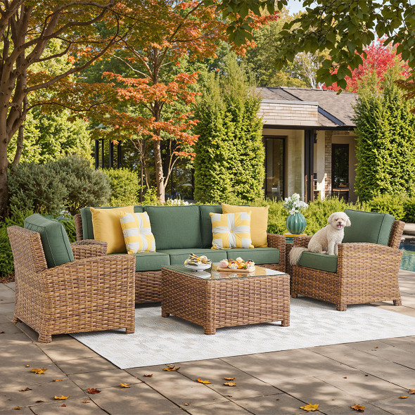 Sonoma Natural Outdoor Wicker 4-Piece Sofa Set with Cushions and 32 in. Square Glass Top Coffee Table