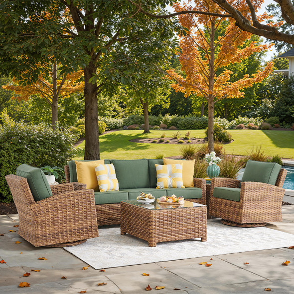 Sonoma Natural Outdoor Wicker 4-Piece Swivel Sofa Set with Cushions and 32 in. Square Glass Top Coffee Table