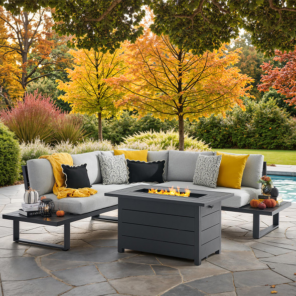 Pasadena Midnight Aluminum 4-Piece Sectional includes 44 x 28 in. Fire Pit Table