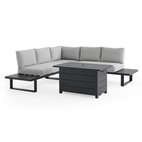 Pasadena Midnight Aluminum 4-Piece Sectional includes 44 x 28 in. Fire Pit Table