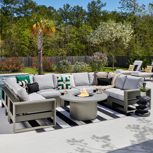 Montauk Slate Grey Polymer with Cushions 10 Piece Modular Sectional + 48 in. D Fire Pit Table
