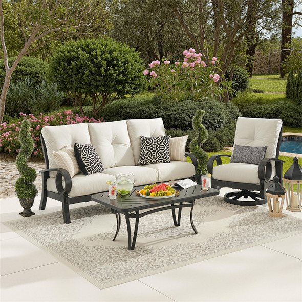 Eclipse Autumn Rust Aluminum with Pashmina Cloud Cushions 3 Piece Swivel Sofa Group + 50 x 28 in. Slat Top Coffee Table