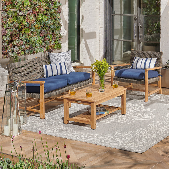 Hampton Driftwood Outdoor Wicker and Solid Teak 3 Pc. Loveseat Group with 39 x 24 in. Coffee Table