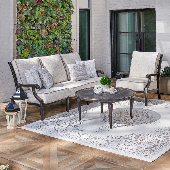 Turin Tawney Aluminum with Charlotte Sparrow Cushions 3 Piece Sofa Group + 42 in. D Coffee Table