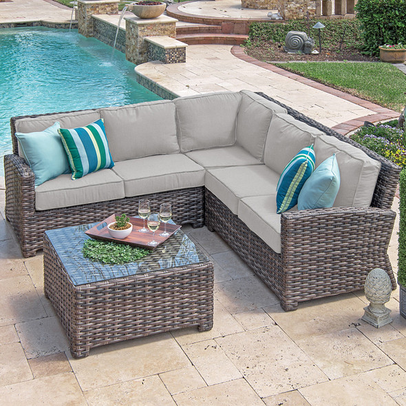 Contempo Husk Outdoor Wicker and Cast Silver Cushion 4 pc. Sectional Group with 32 in. Sq. Glass Top Coffee Table