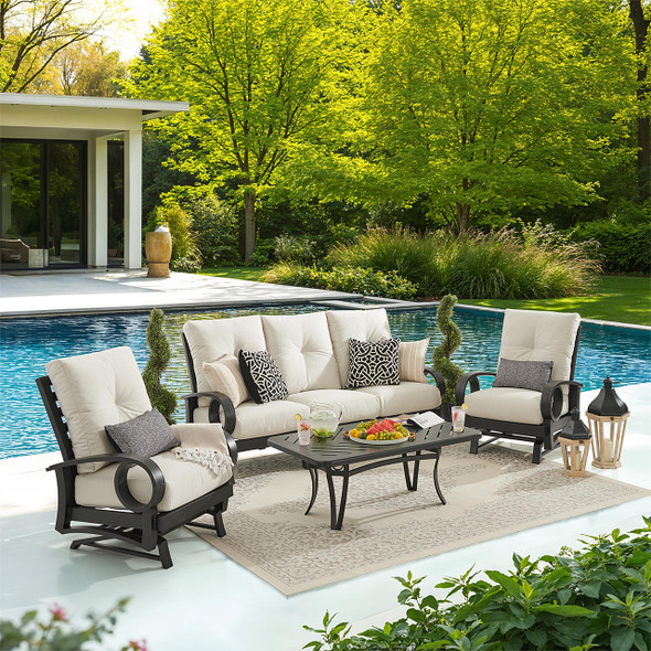 Eclipse Autumn Rust Aluminum with Pashmina Cloud Cushions 4 Piece Spring Sofa Group + 50 x 28 in. Slat Top Coffee Table