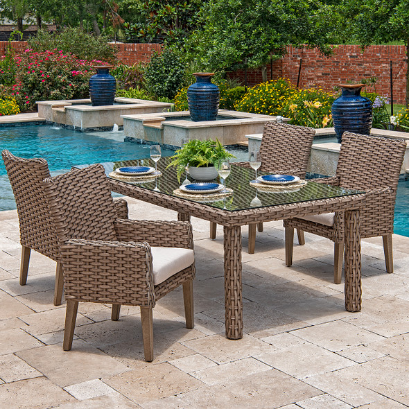 Siesta Aged Teak Outdoor Wicker with Cushions 5 Piece Dining Set + 84 x 40 in. Dining Table