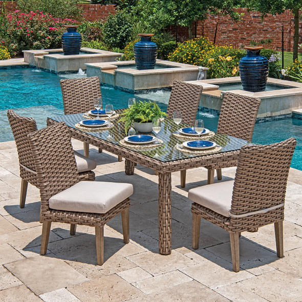 Siesta Aged Teak Outdoor Wicker with Cushions 7 Pc. Side Chairs Dining Set + 84 x 40 in. Dining Table