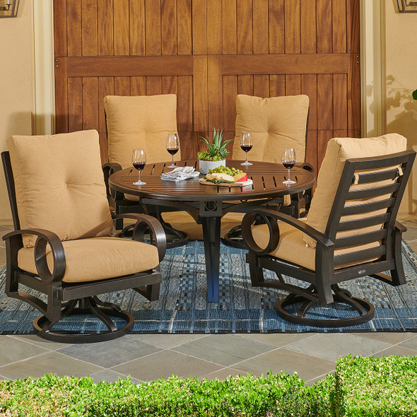 Eclipse Autumn Rust Aluminum and Cushion 5 Pc. Dining Set with Swivel Rockers and 54 in. D Table