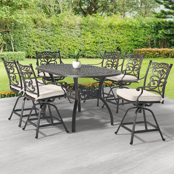 Milan Aged Bronze Cast Aluminum with Cushions 7 Piece Swivel Gathering Height Dining Set + 72 x 42 in. D Table