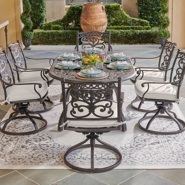 Milan Aged Bronze Cast Aluminum with Cushions 7 Piece Swivel Dining Set + 72 x 42 in. Table