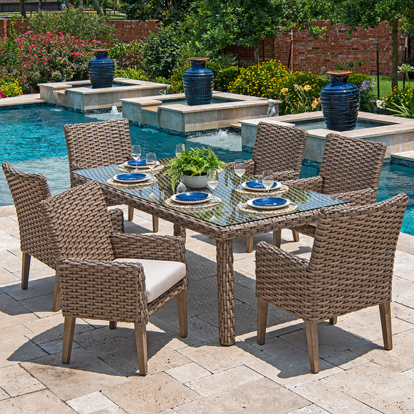 Siesta Aged Teak Outdoor Wicker with Cushions 7 Piece Dining Set + 84 x 40 in. Dining Table