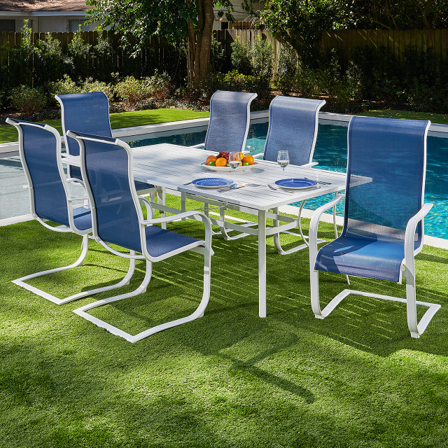 Cape Coral Aluminum and Sling 7 Pc. Spring Dining Set with 84 x 42 in