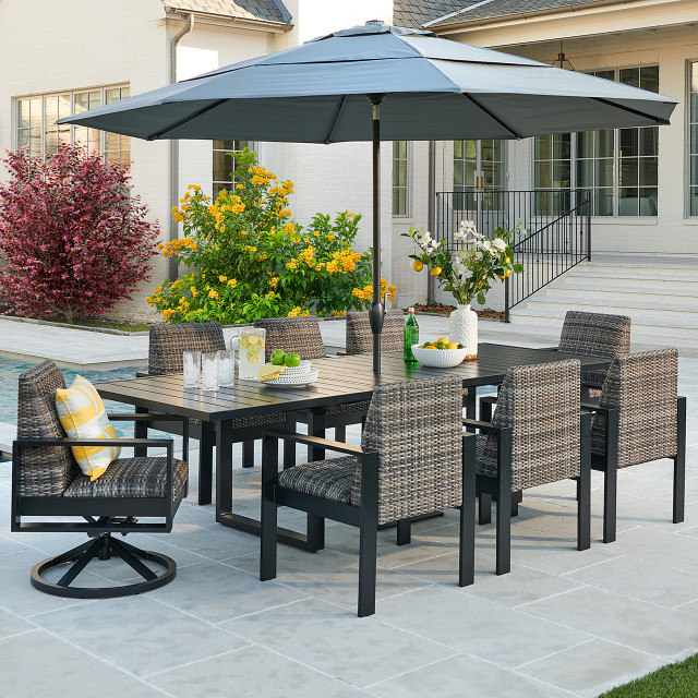 9 piece resin wicker patio dining set with umbrella COSTWAY 9-Piece for 8, Outdoor Rattan Table and Chairs Furniture Set Hole, Acacia Wood Tabletop for Backyard, Balcony, Poolside, Grey & White : Patio, Lawn inch umbrella holes 9-Piece Outdoor Patio Dining Set