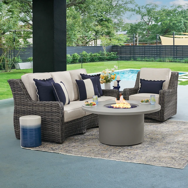 Tangiers Canola Seed Outdoor Wicker and Charmer Limestone Cushions