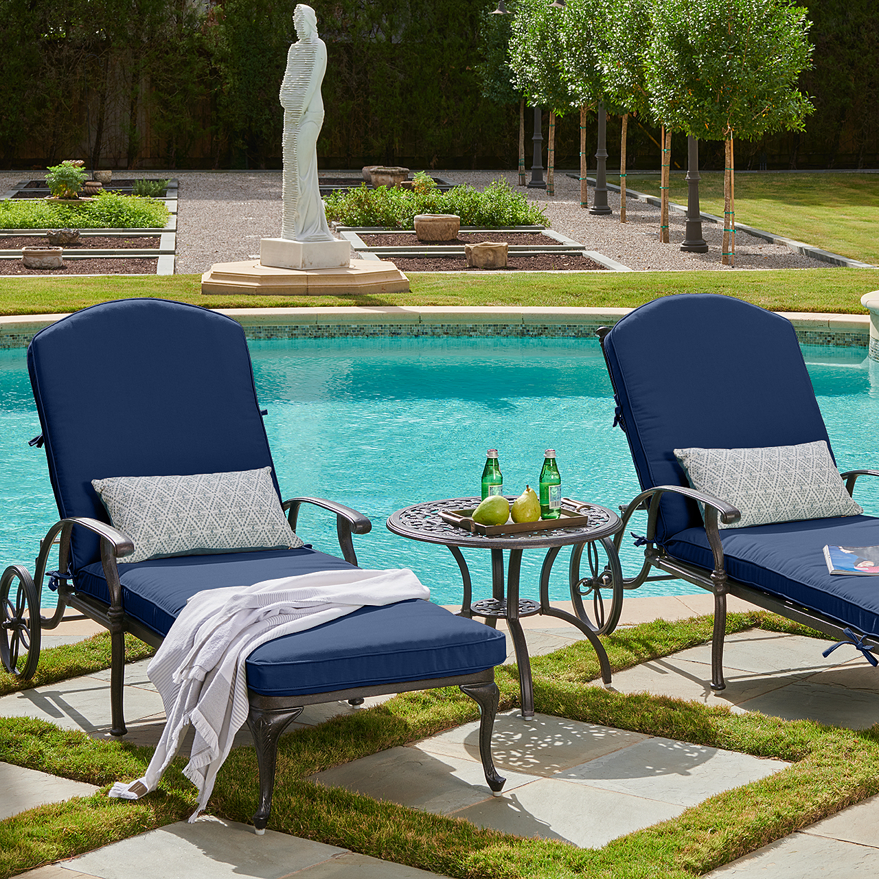 Milan Aged Bronze Cast Aluminum with Cushions 3 Piece Chaise Lounge Set + 24 in. D Side Table (Spectrum Indigo)