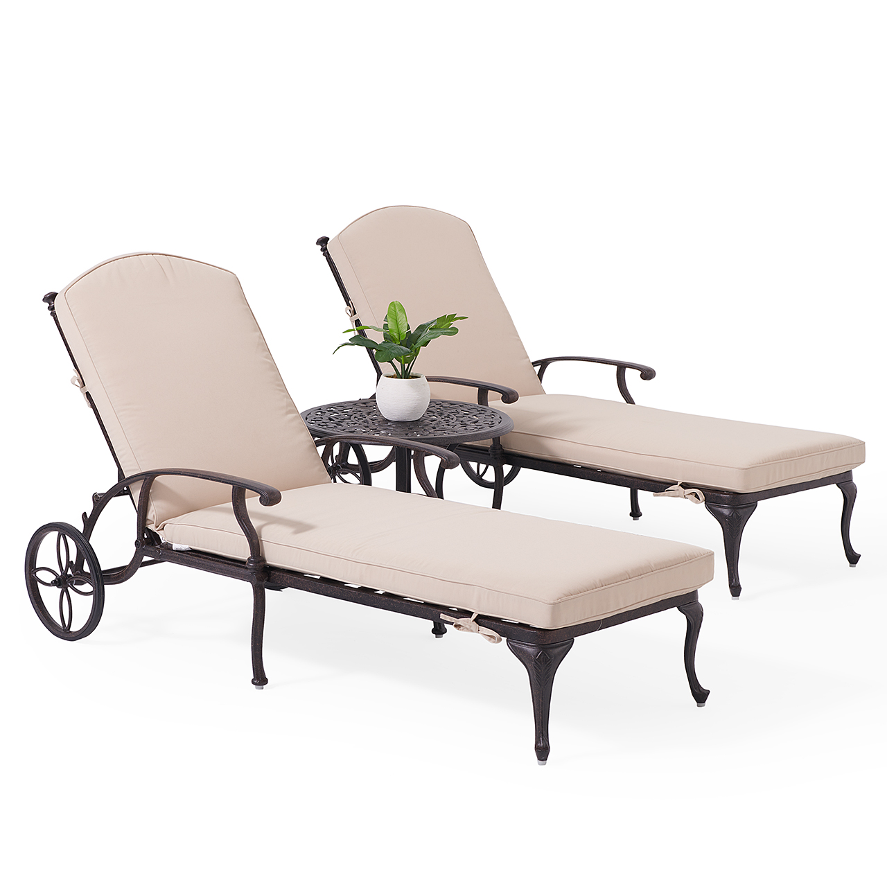 Milan Aged Bronze Cast Aluminum with Cushions 3 Piece Chaise Lounge Set + 24 in. D Side Table (Beige)