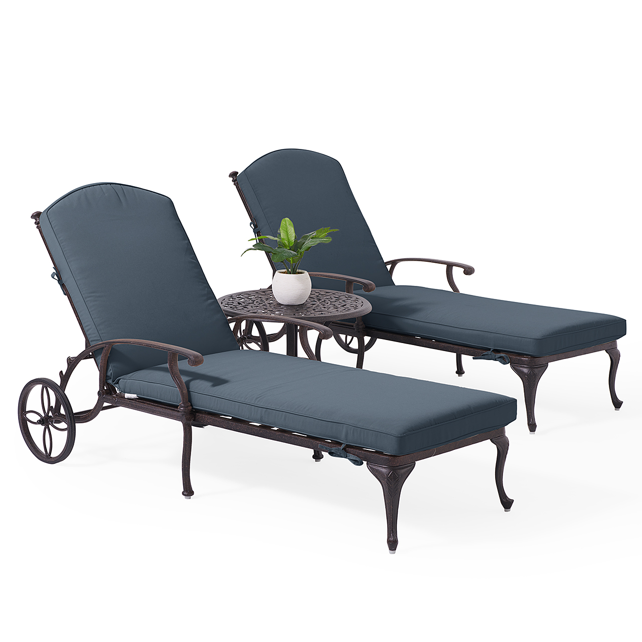 Milan Aged Bronze Cast Aluminum with Cushions 3 Piece Chaise Lounge Set + 24 in. D Side Table (Navy)