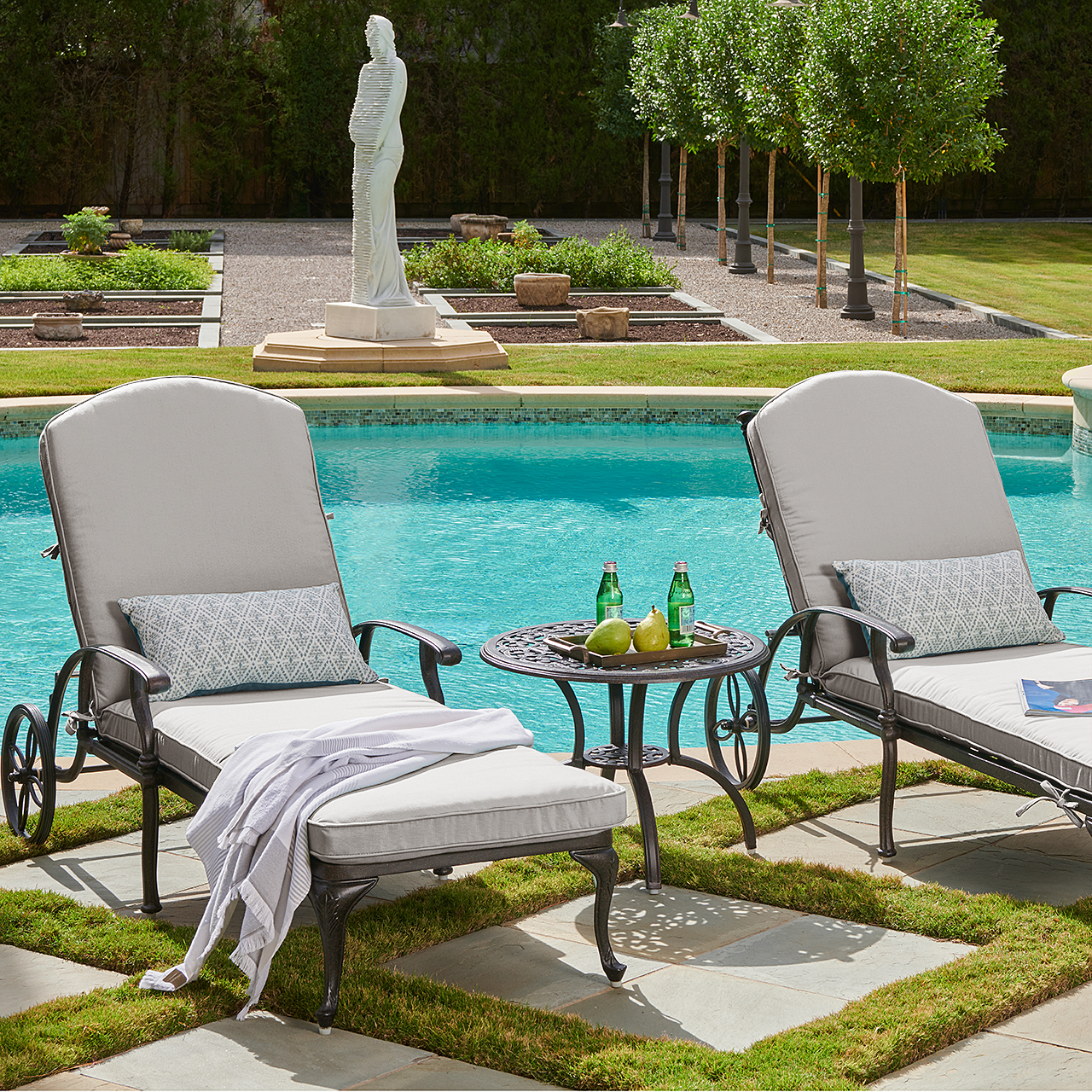 Milan Aged Bronze Cast Aluminum with Cushions 3 Piece Chaise Lounge Set + 24 in. D Side Table (Canvas Granite)
