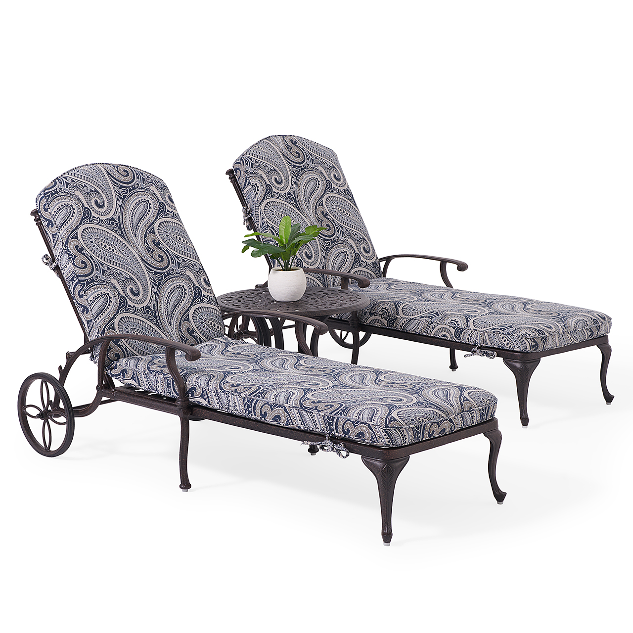 Milan Aged Bronze Cast Aluminum with Cushions 3 Piece Chaise Lounge Set + 24 in. D Side Table (Royce Indigo)