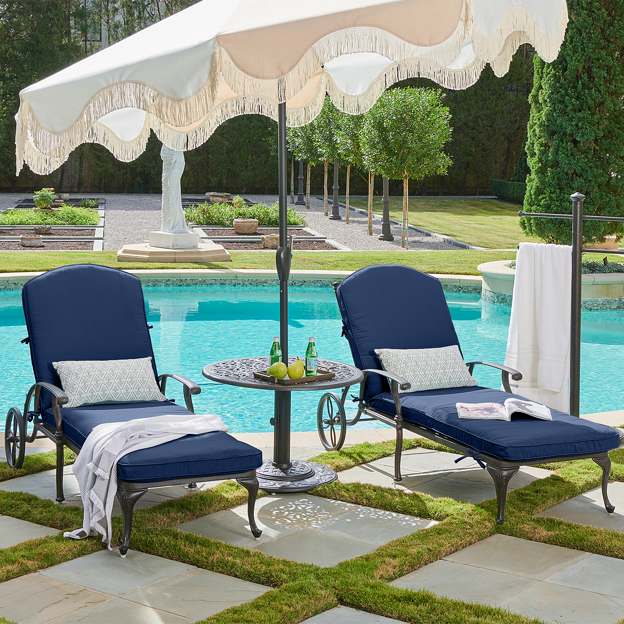 Milan Aged Bronze Cast Aluminum with Cushions 3 Piece Chaise Lounge Set + 30 in. D Side Table (Spectrum Indigo)
