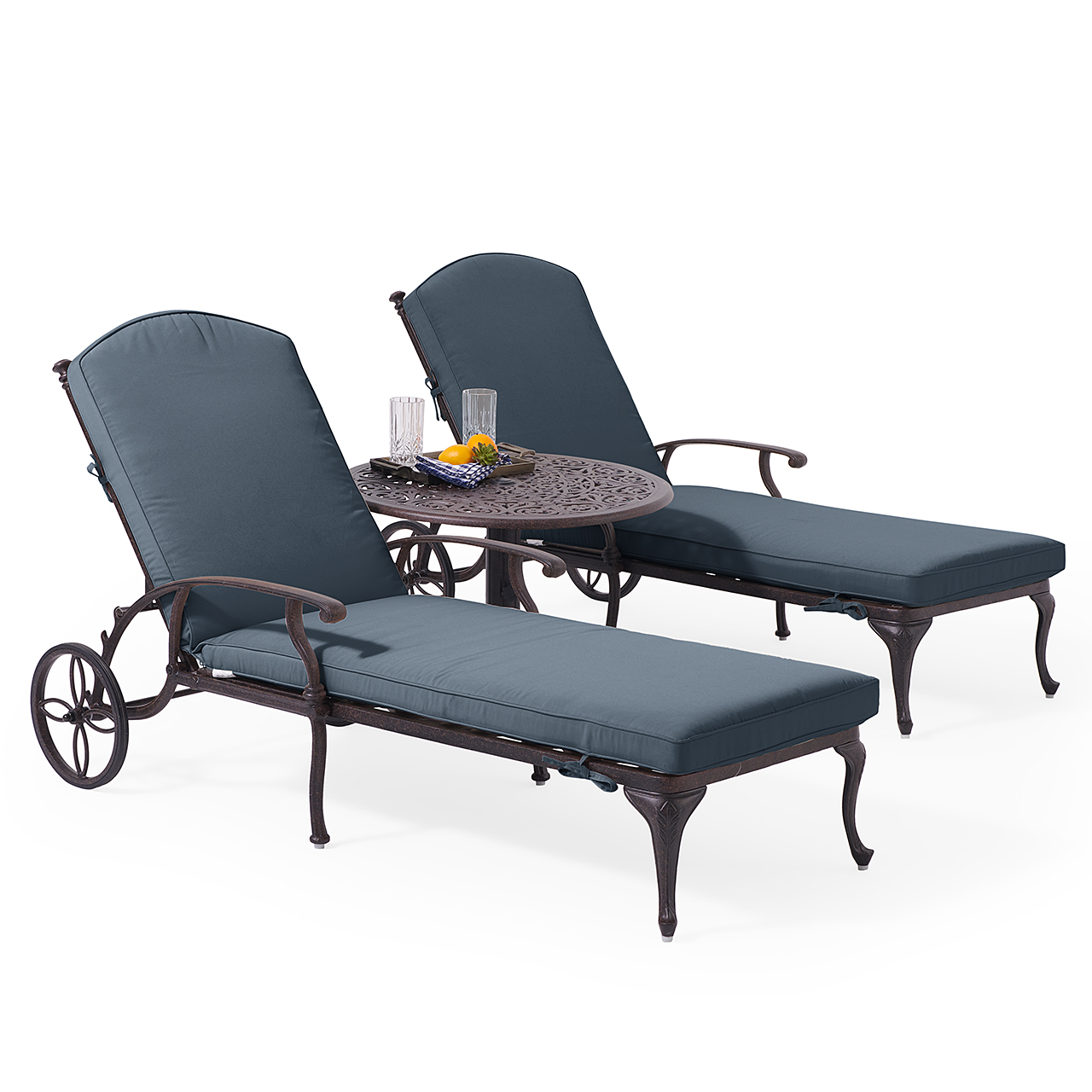 Milan Aged Bronze Cast Aluminum with Cushions 3 Piece Chaise Lounge Set + 30 in. D Side Table (Navy)