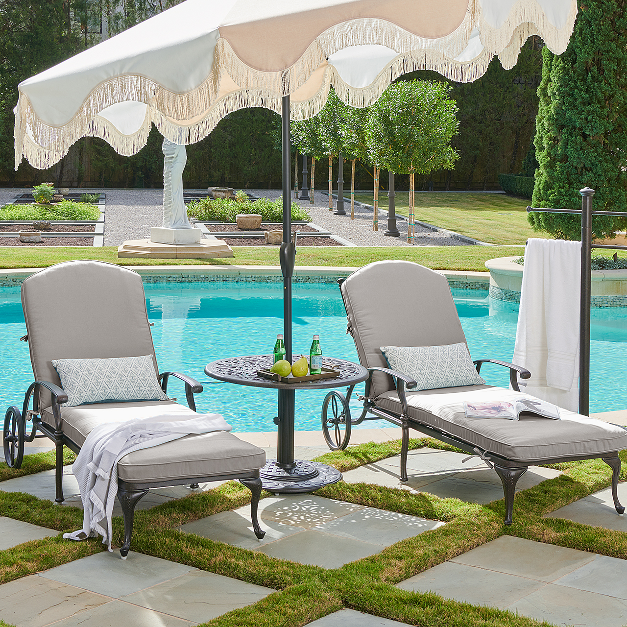 Milan Aged Bronze Cast Aluminum with Cushions 3 Piece Chaise Lounge Set + 30 in. D Side Table (Canvas Granite)