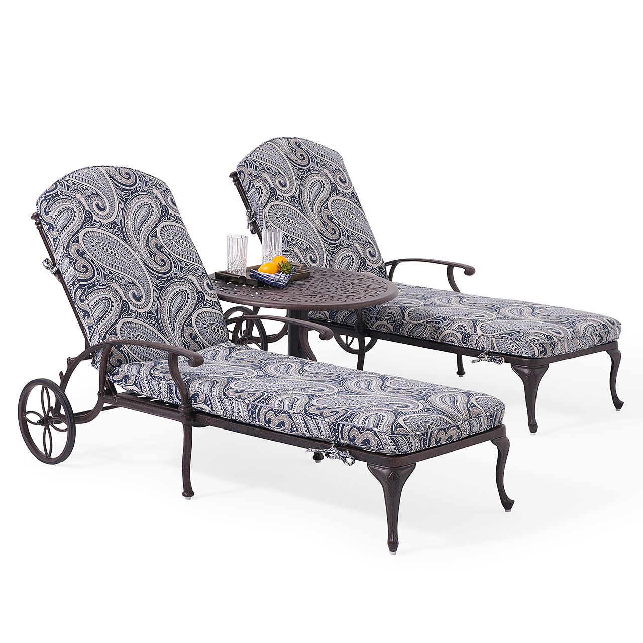Milan Aged Bronze Cast Aluminum with Cushions 3 Piece Chaise Lounge Set + 30 in. D Side Table (Royce Indigo)