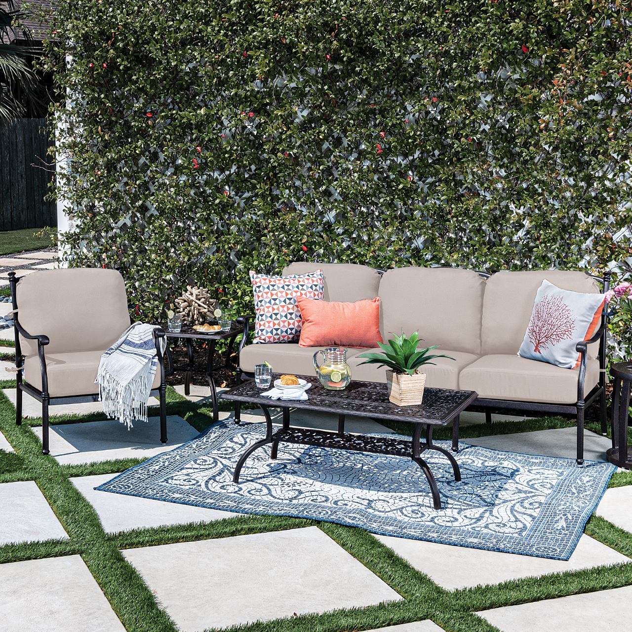Milan Aged Bronze Cast Aluminum with Cushions 3 Piece Sofa Group + 45 x 24 in. Coffee Table (Beige)